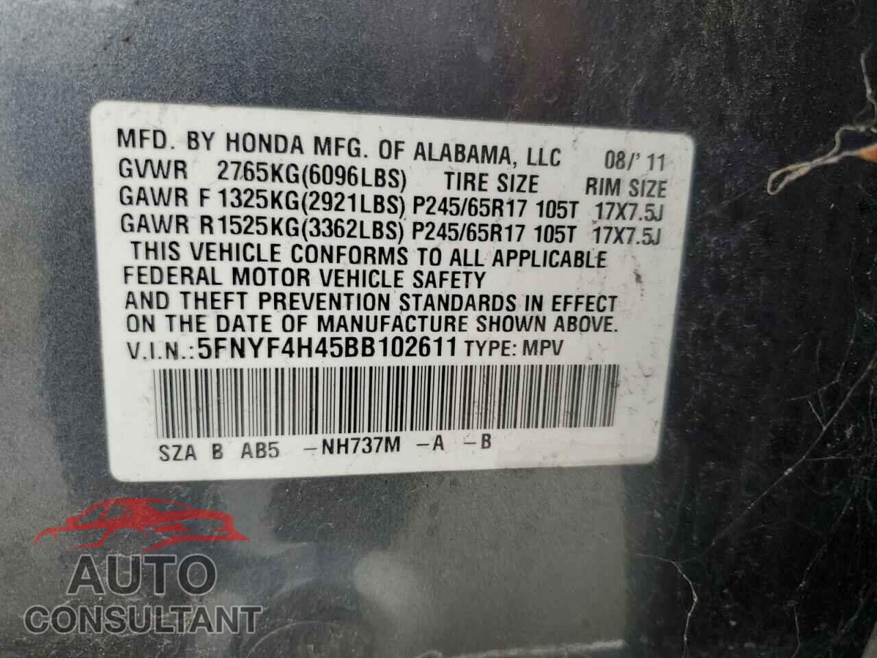 HONDA PILOT 2011 - 5FNYF4H45BB102611