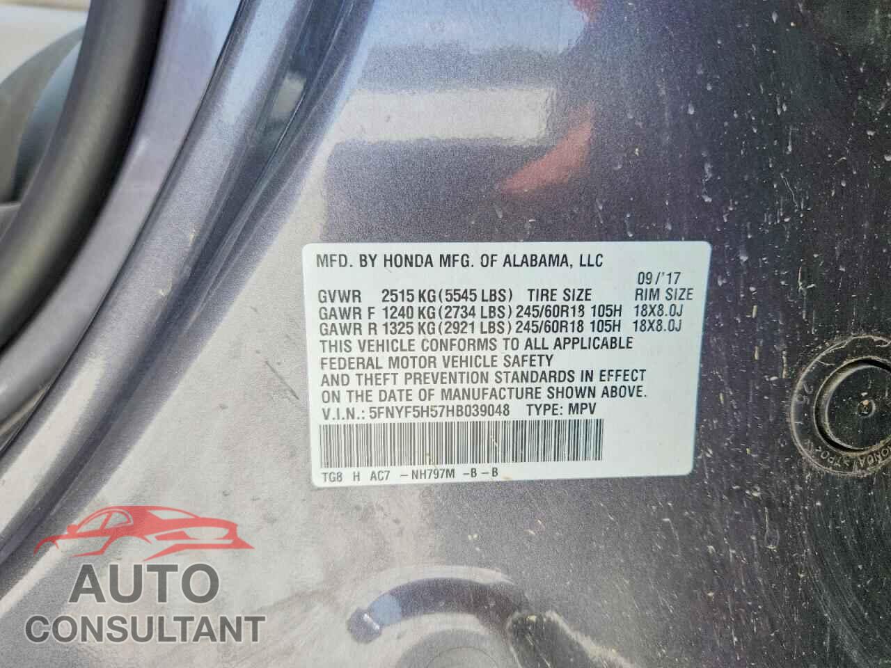 HONDA PILOT 2017 - 5FNYF5H57HB039048