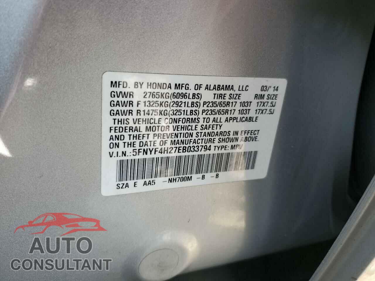 HONDA PILOT 2014 - 5FNYF4H27EB033794