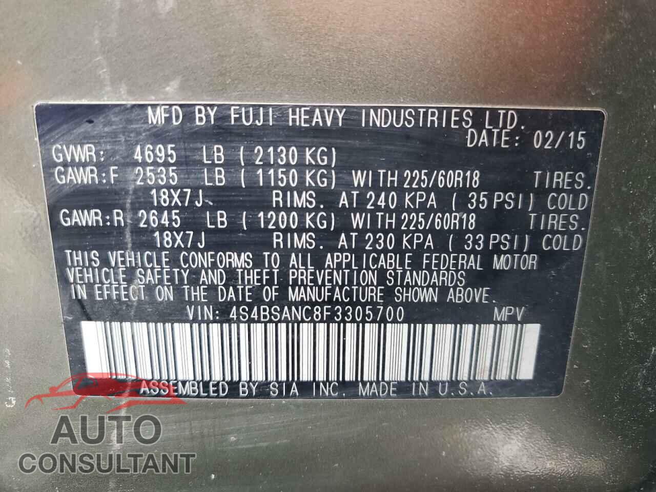SUBARU OUTBACK 2015 - 4S4BSANC8F3305700