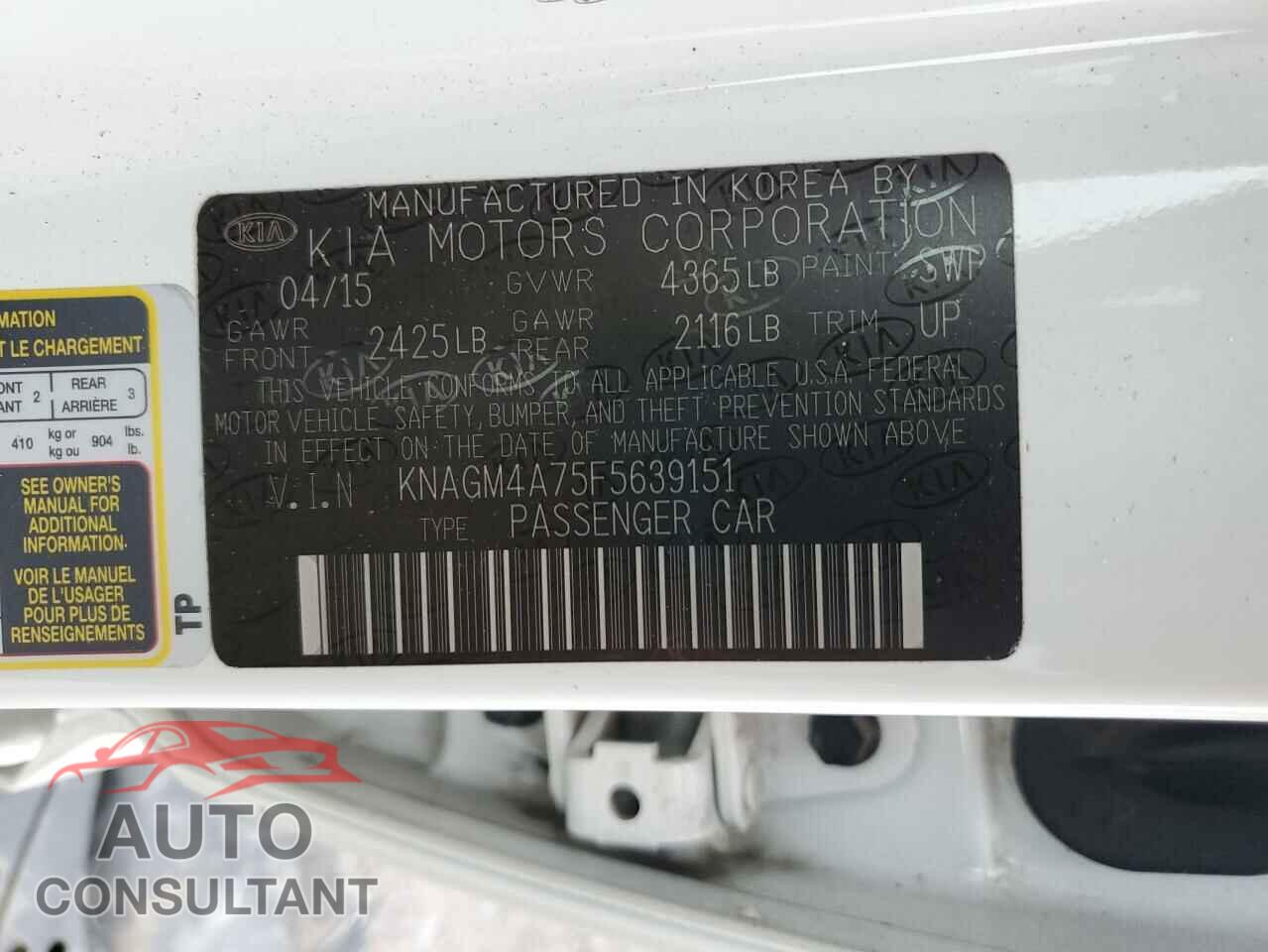 KIA OPTIMA 2015 - KNAGM4A75F5639151