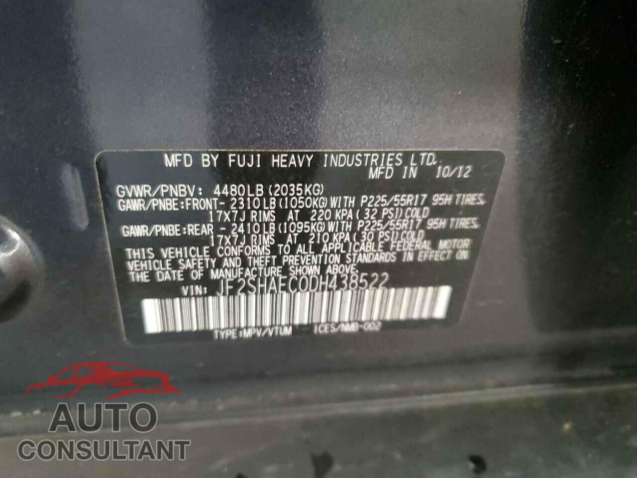 SUBARU FORESTER 2013 - JF2SHAEC0DH438522