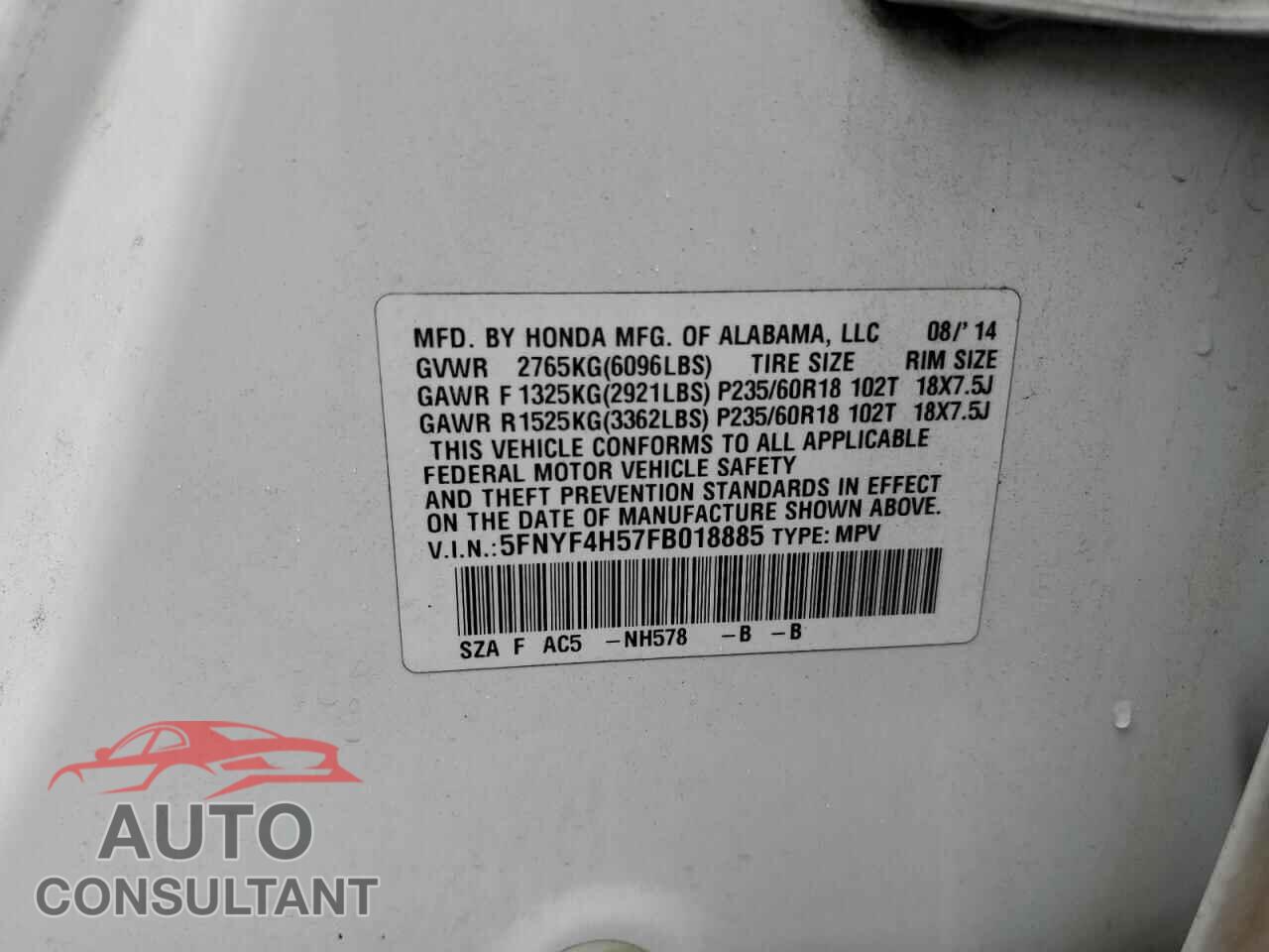 HONDA PILOT 2015 - 5FNYF4H57FB018885