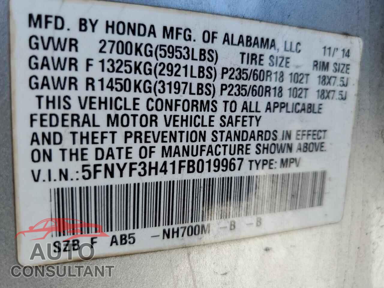 HONDA PILOT 2015 - 5FNYF3H41FB019967