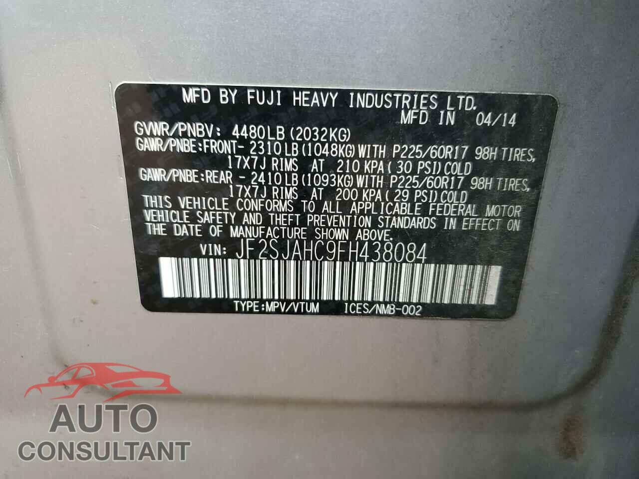 SUBARU FORESTER 2015 - JF2SJAHC9FH438084
