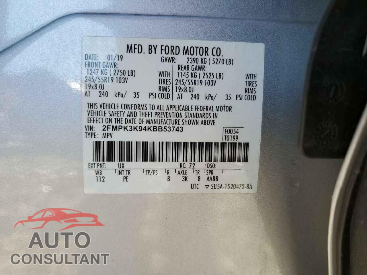 FORD EDGE 2019 - 2FMPK3K94KBB53743