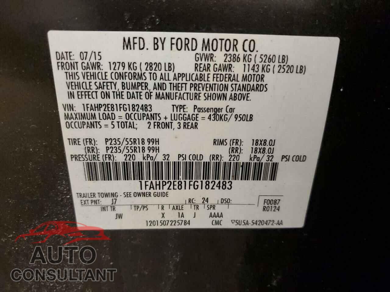 FORD TAURUS 2015 - 1FAHP2E81FG182483