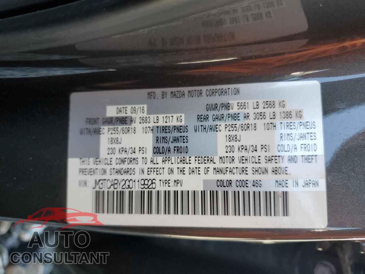 MAZDA CX-9 2016 - JM3TCABY2G0119926