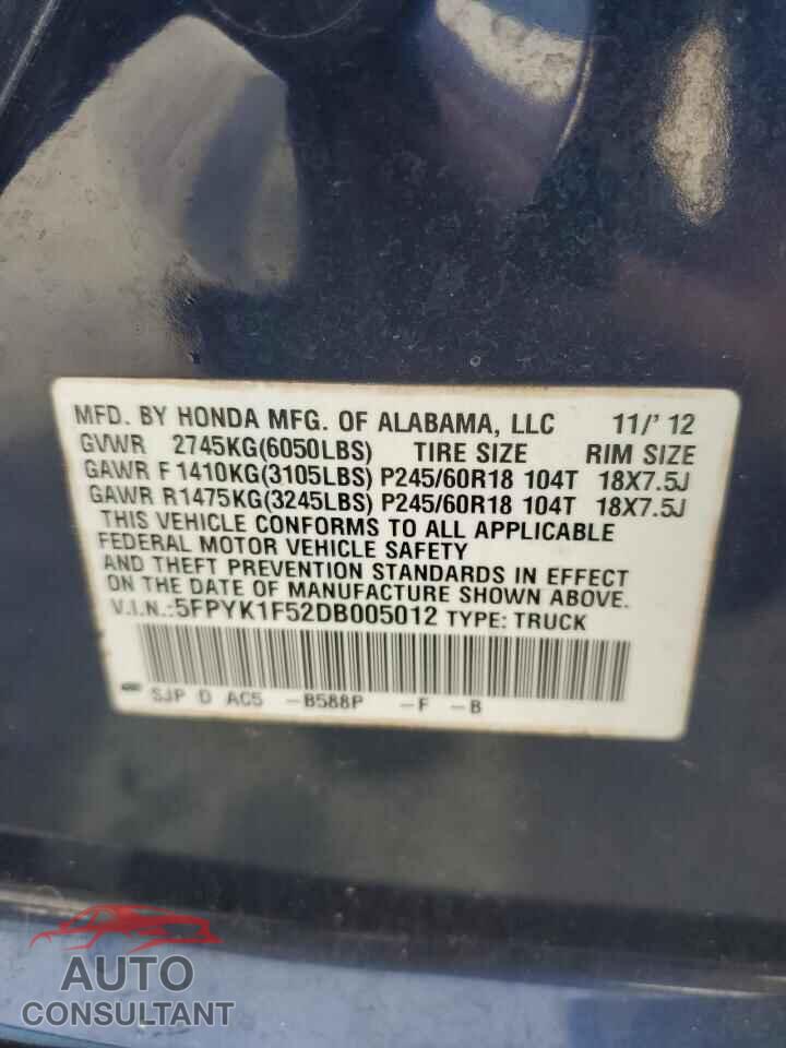 HONDA RIDGELINE 2013 - 5FPYK1F52DB005012