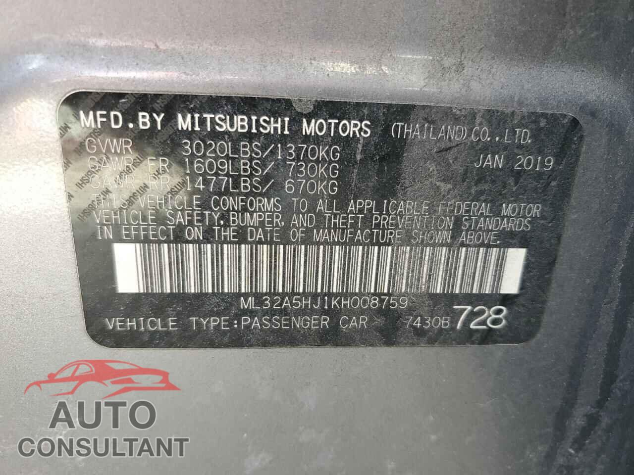 MITSUBISHI MIRAGE 2019 - ML32A5HJ1KH008759