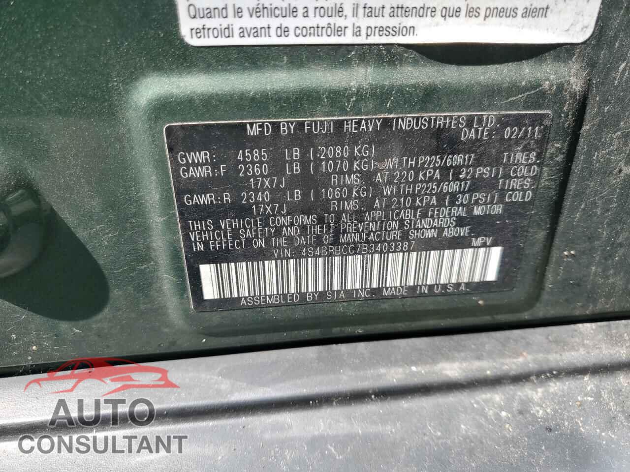 SUBARU OUTBACK 2011 - 4S4BRBCC7B3403387