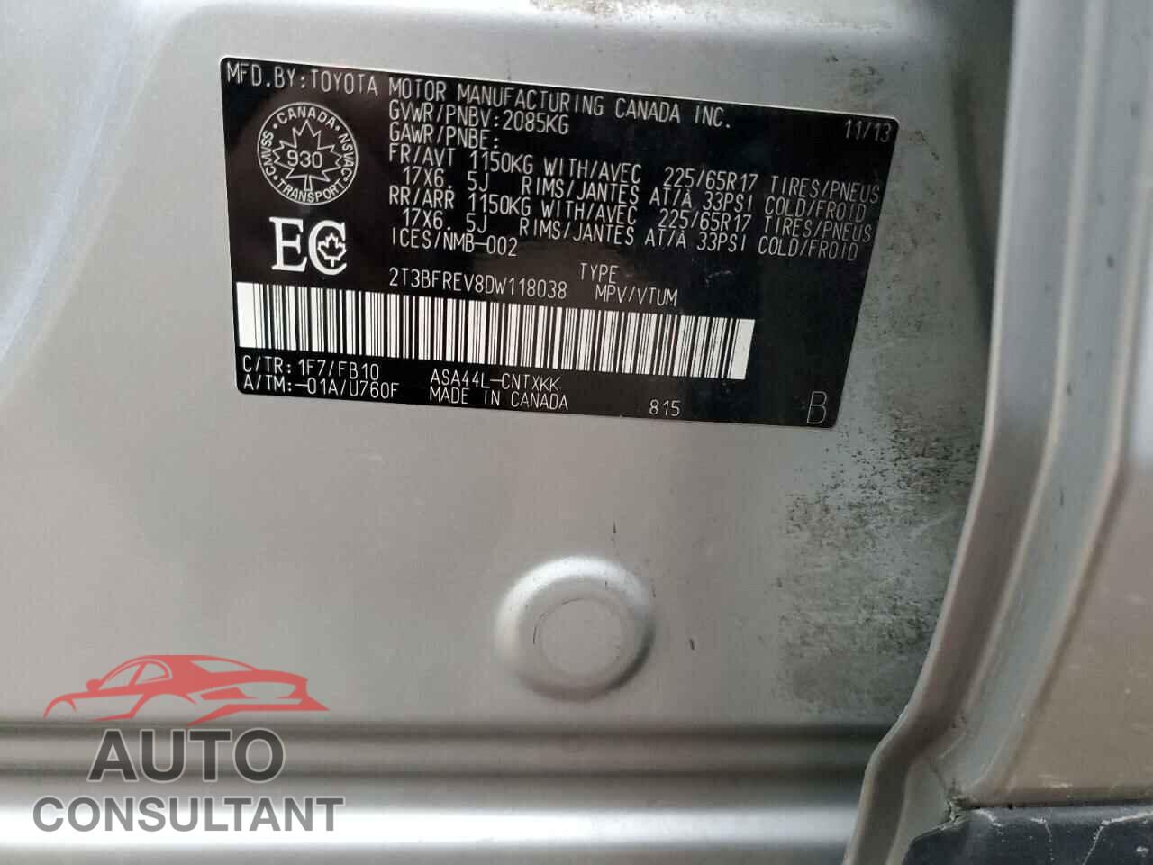 TOYOTA RAV4 2013 - 2T3BFREV8DW118038