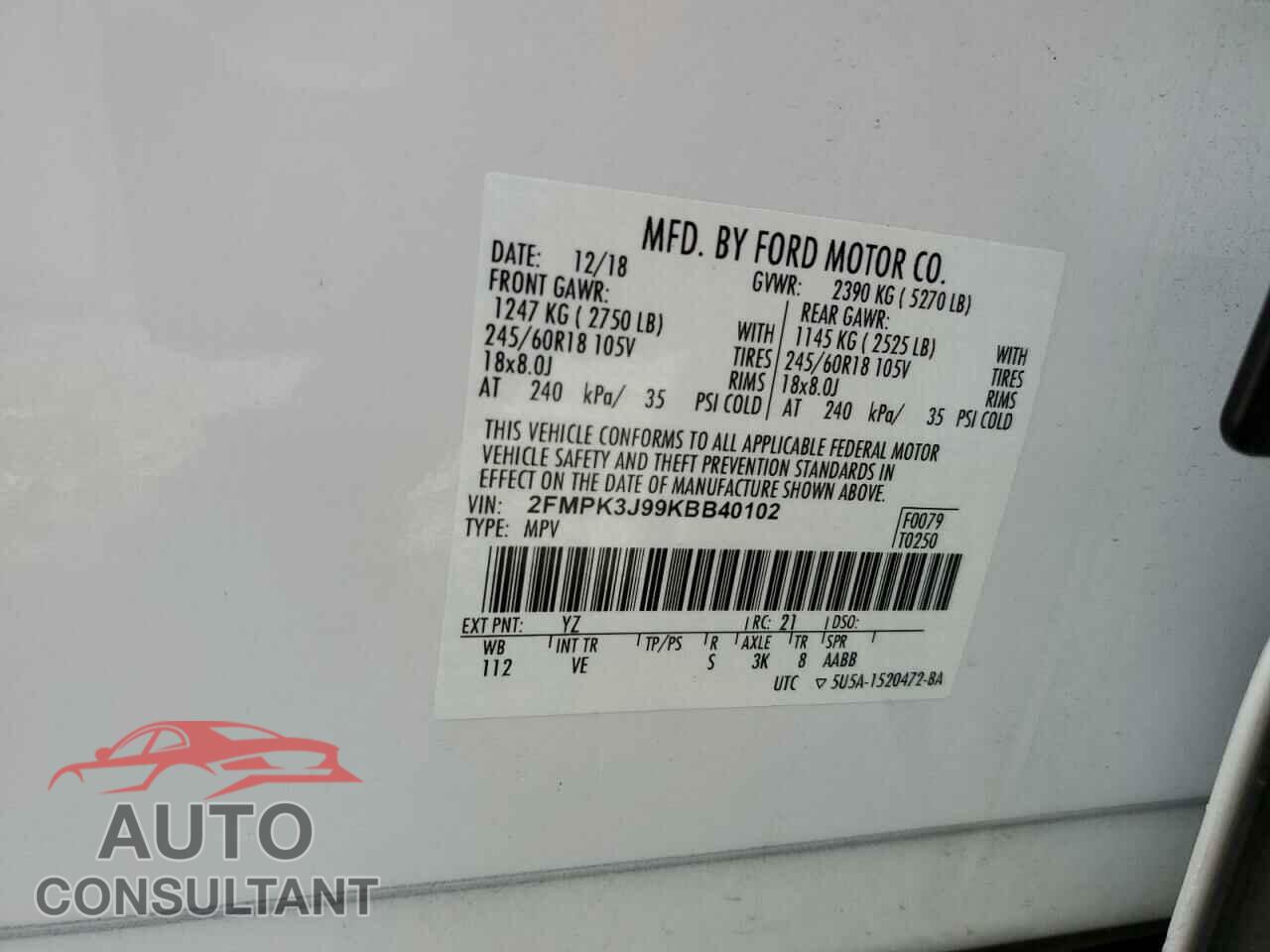 FORD EDGE 2019 - 2FMPK3J99KBB40102