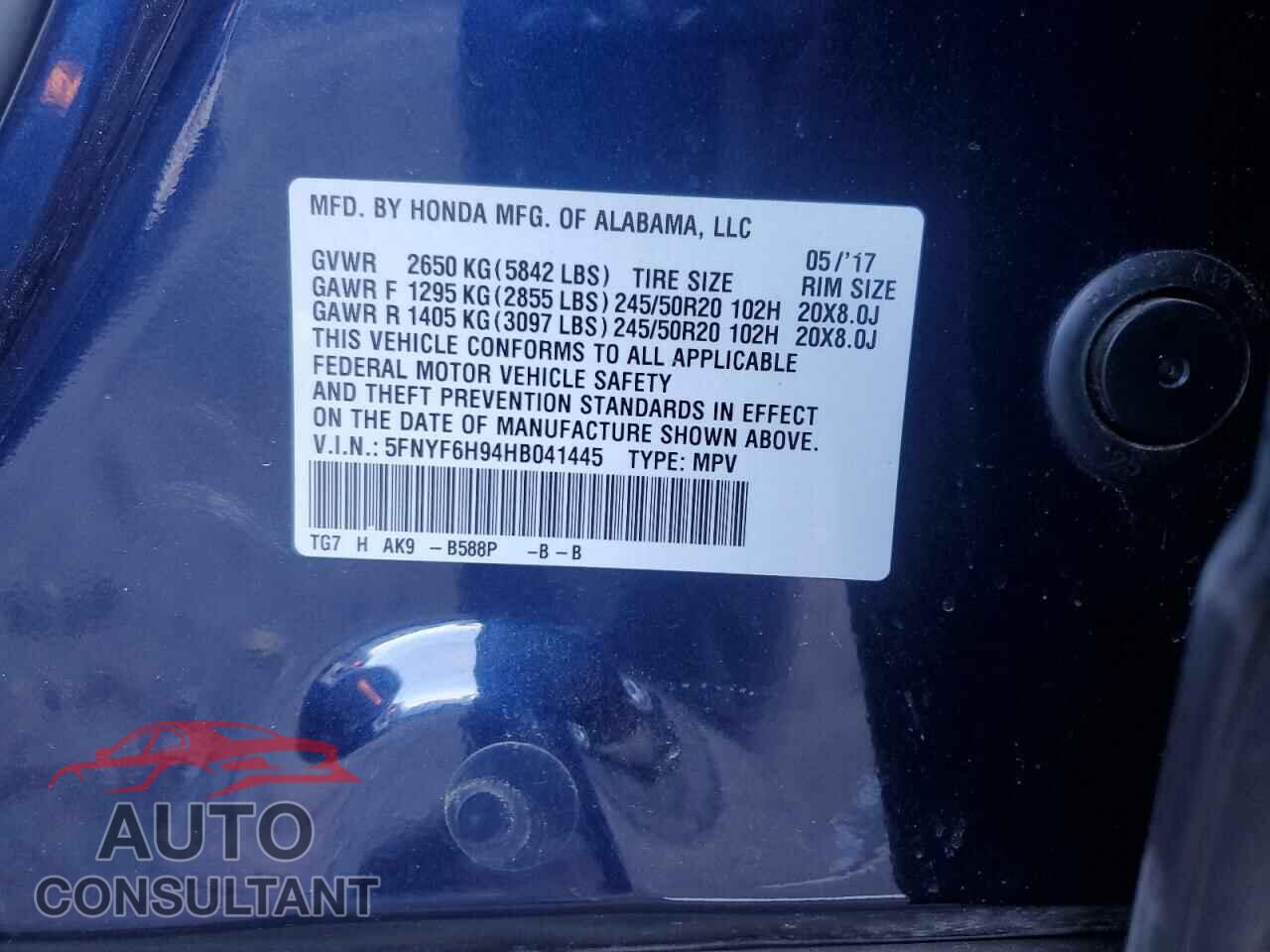 HONDA PILOT 2017 - 5FNYF6H94HB041445
