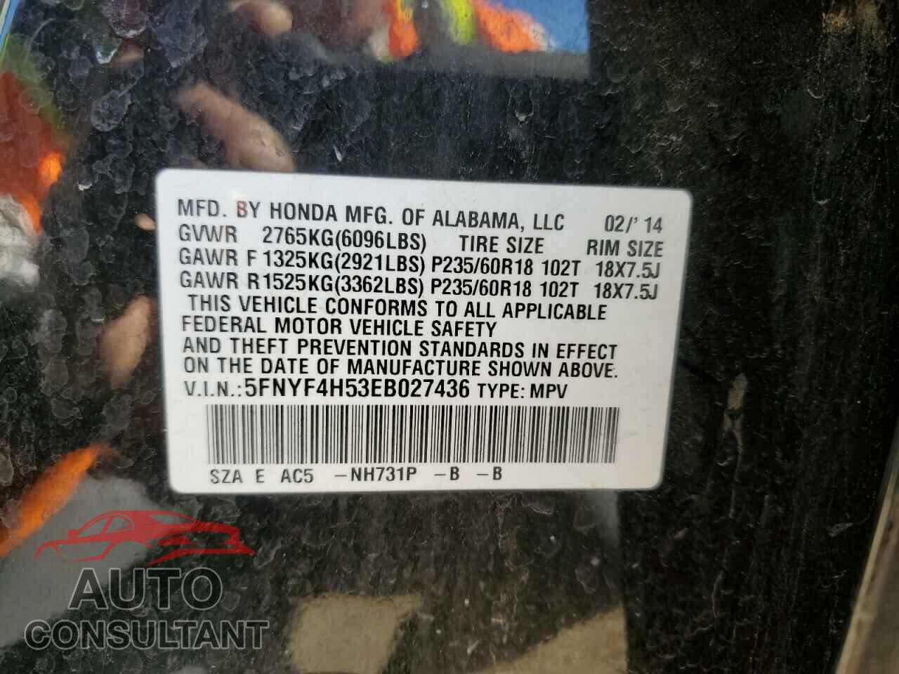 HONDA PILOT 2014 - 5FNYF4H53EB027436