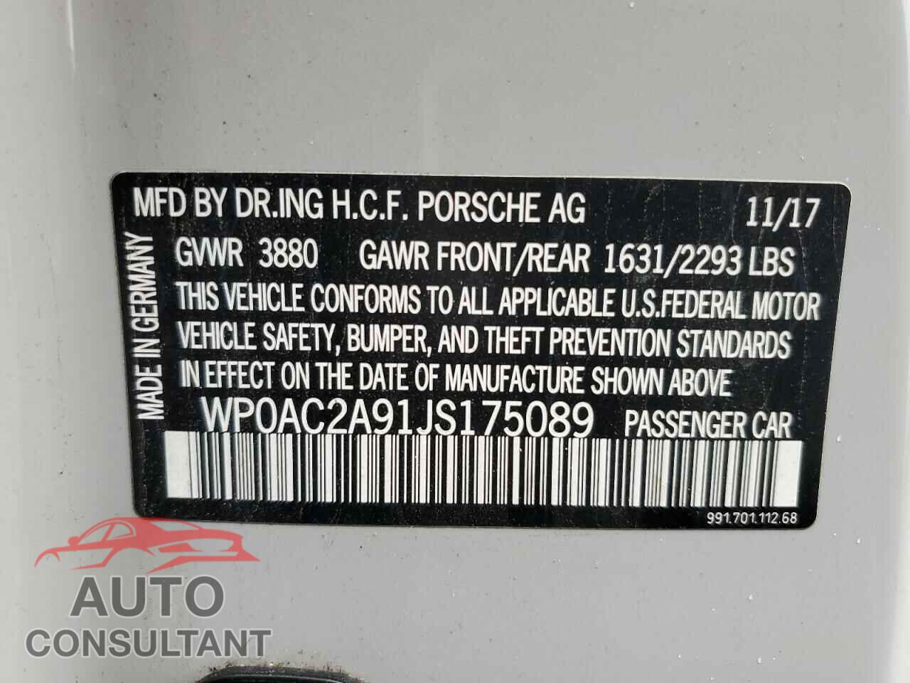 PORSCHE 911 2018 - WP0AC2A91JS175089