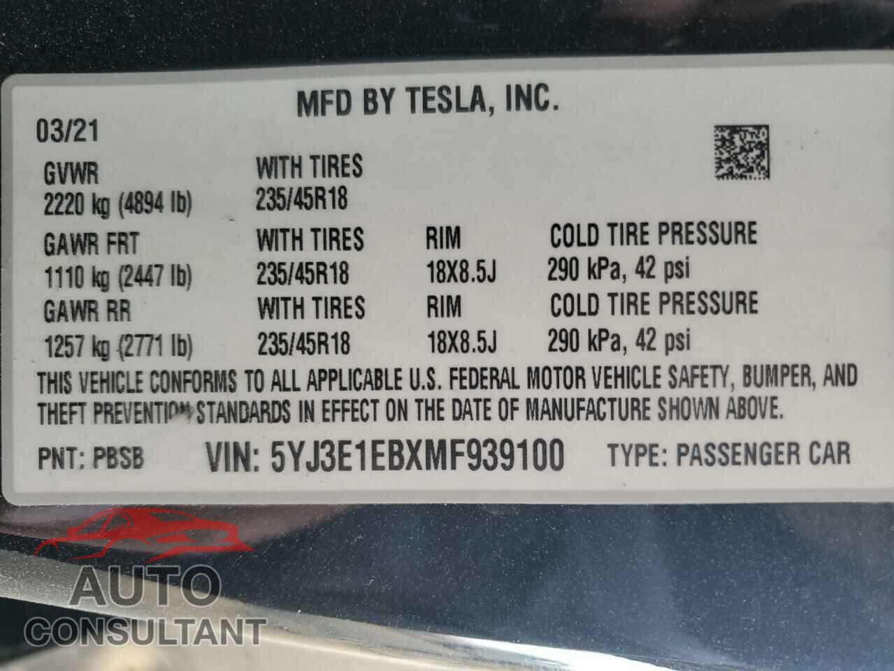 TESLA MODEL 3 2021 - 5YJ3E1EBXMF939100