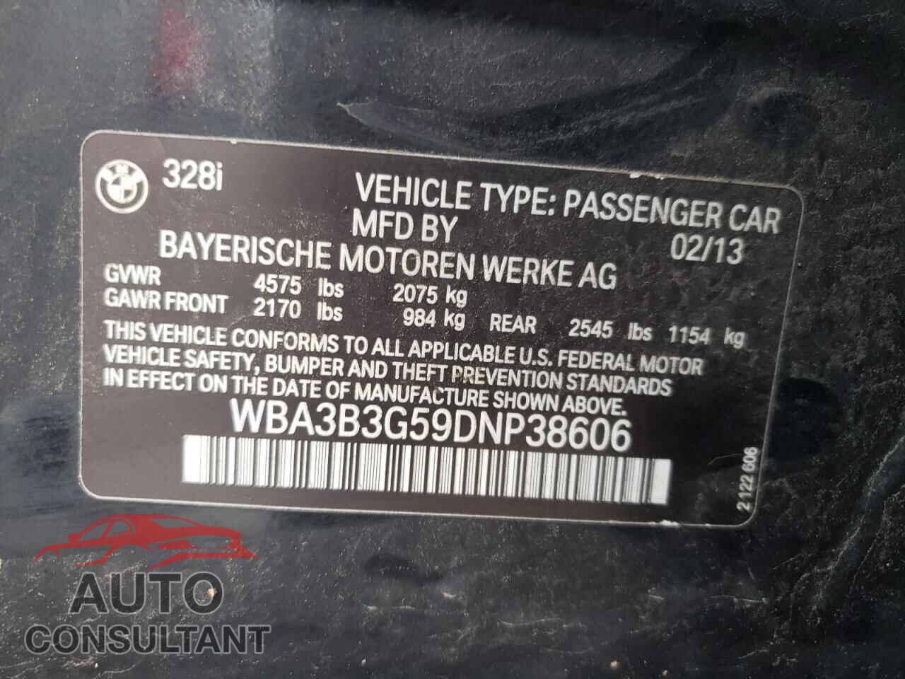 BMW 3 SERIES 2013 - WBA3B3G59DNP38606