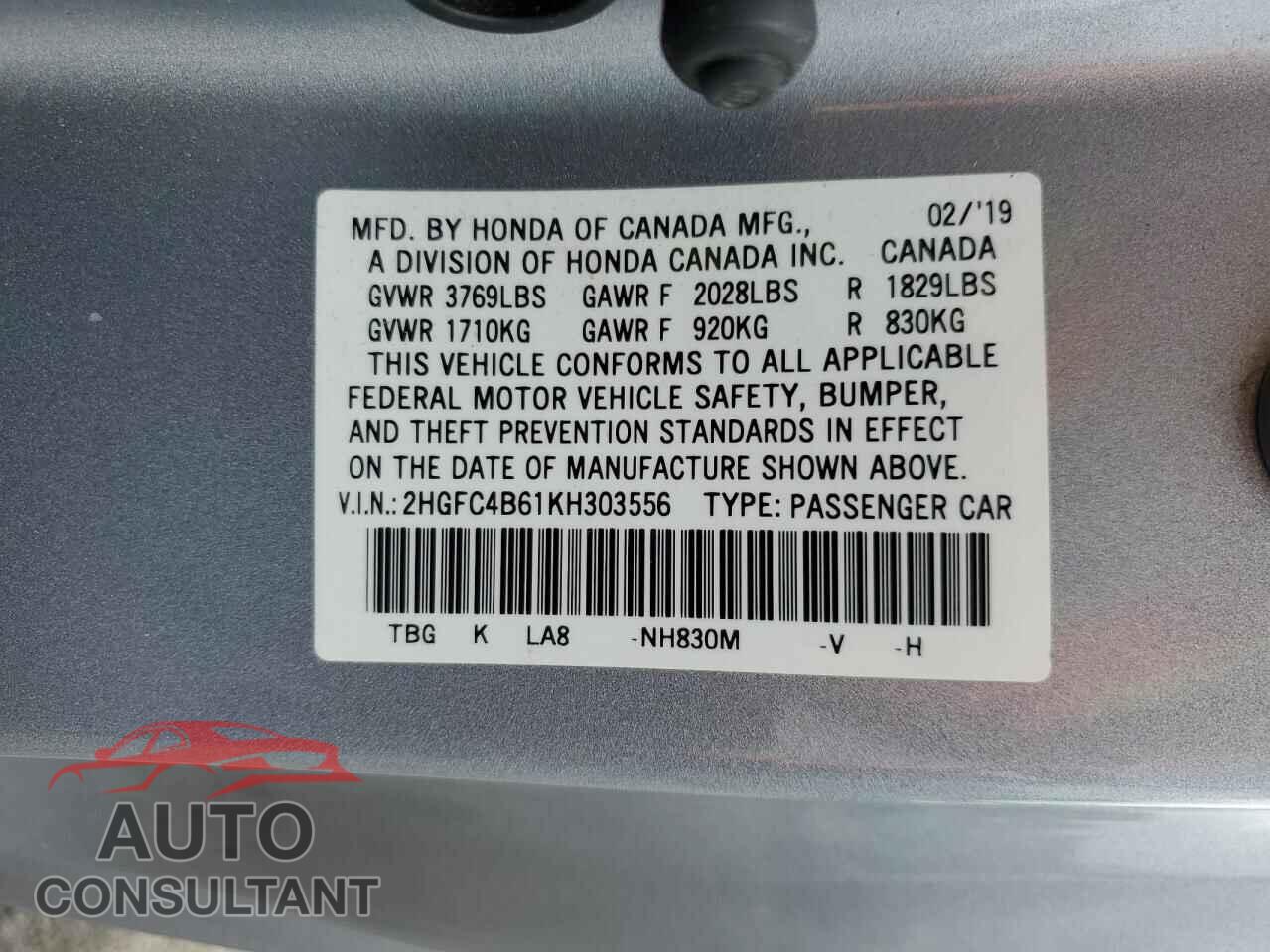 HONDA CIVIC 2019 - 2HGFC4B61KH303556