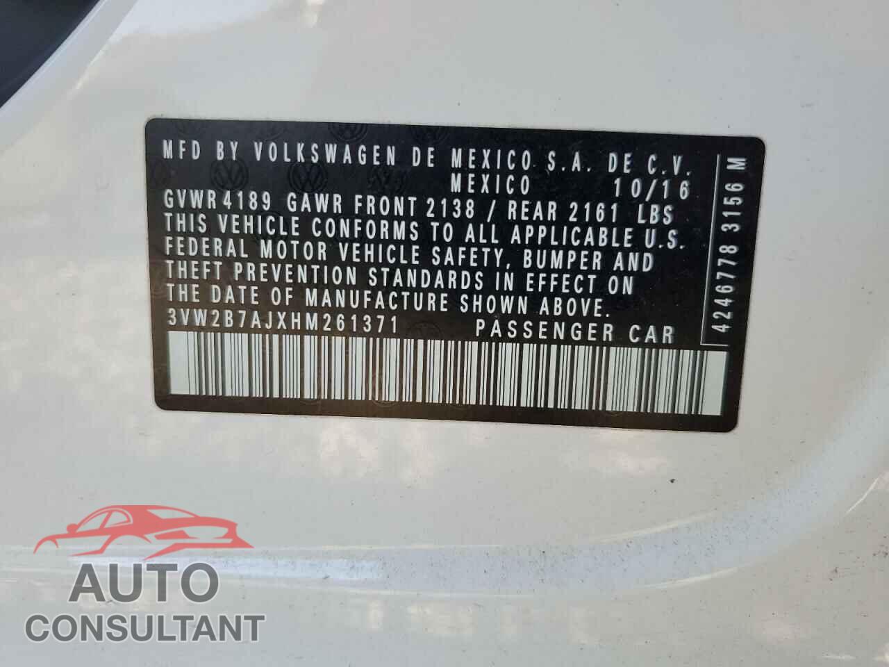 VOLKSWAGEN JETTA 2017 - 3VW2B7AJXHM261371