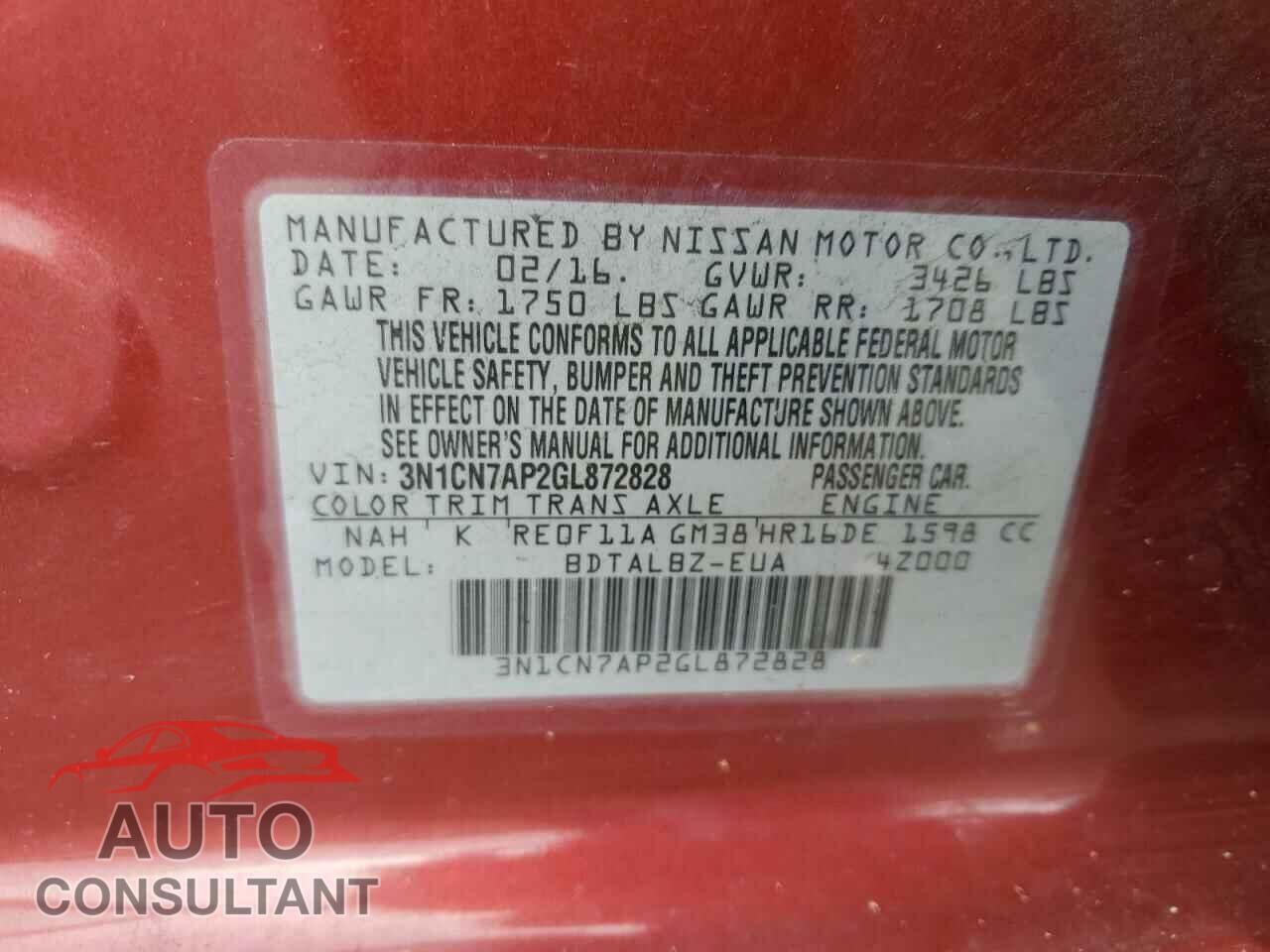 NISSAN VERSA 2016 - 3N1CN7AP2GL872828