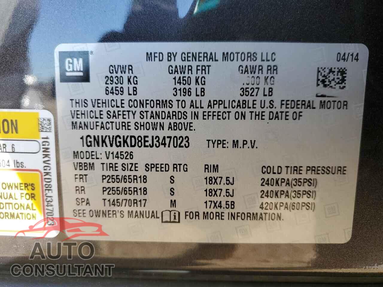CHEVROLET TRAVERSE 2014 - 1GNKVGKD8EJ347023