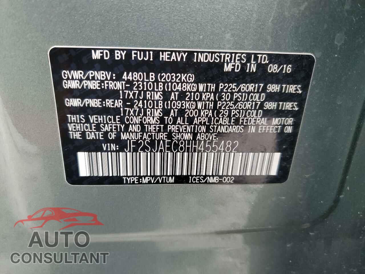 SUBARU FORESTER 2017 - JF2SJAEC8HH455482