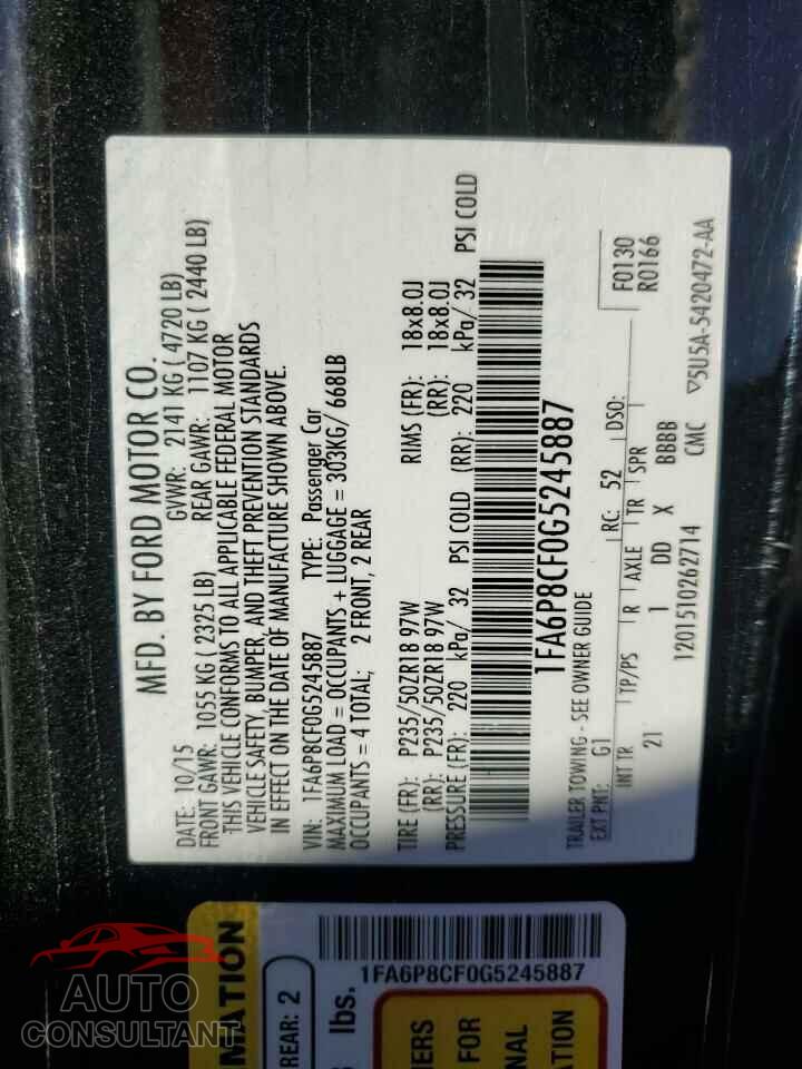 FORD MUSTANG 2016 - 1FA6P8CF0G5245887