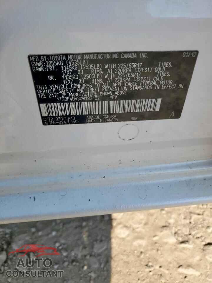TOYOTA RAV4 2012 - 2T3DF4DV3CW182192