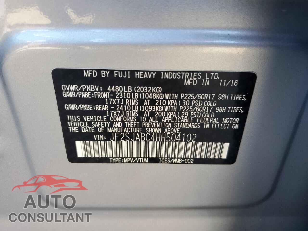 SUBARU FORESTER 2017 - JF2SJABC4HH504102