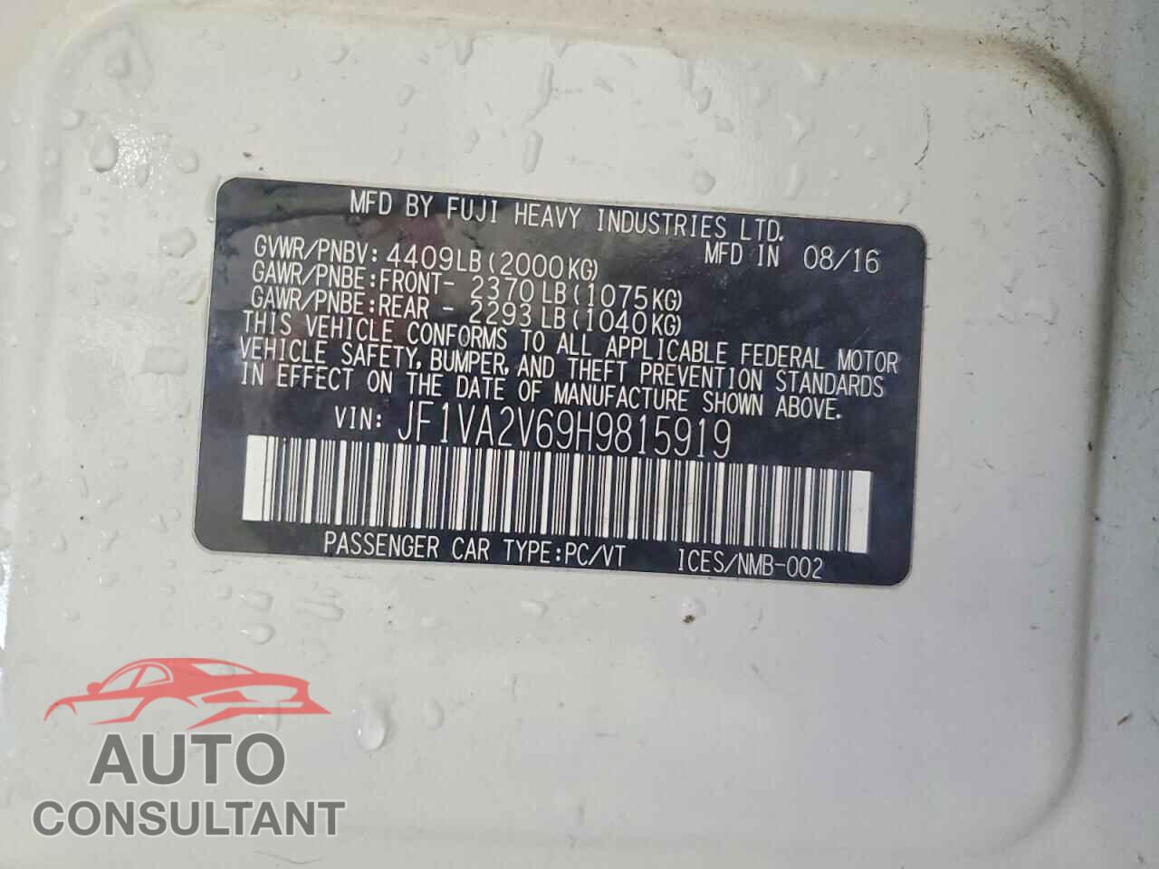 SUBARU WRX 2017 - JF1VA2V69H9815919