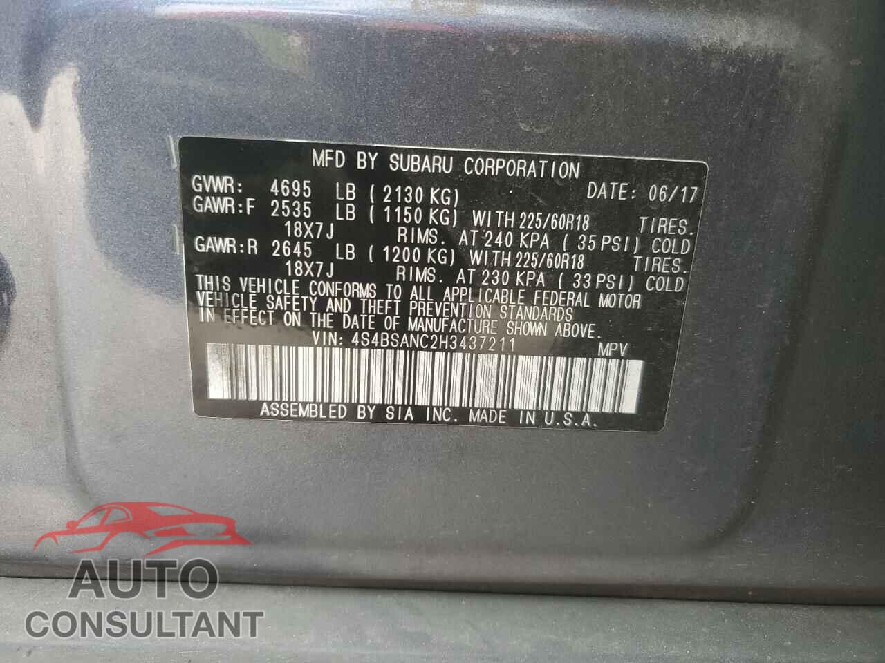 SUBARU OUTBACK 2017 - 4S4BSANC2H3437211
