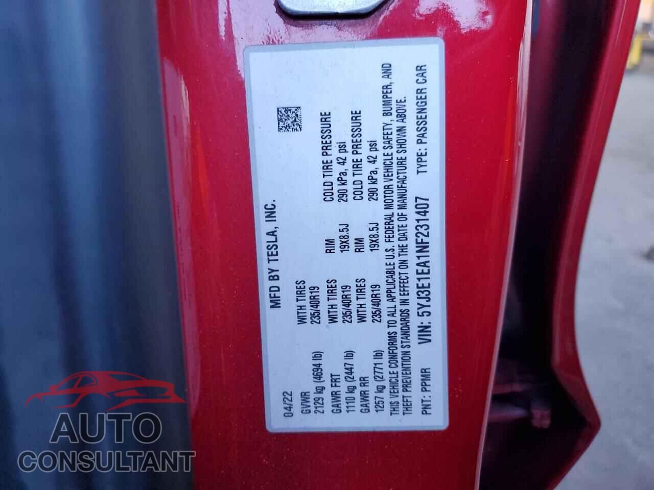 TESLA MODEL 3 2022 - 5YJ3E1EA1NF231407