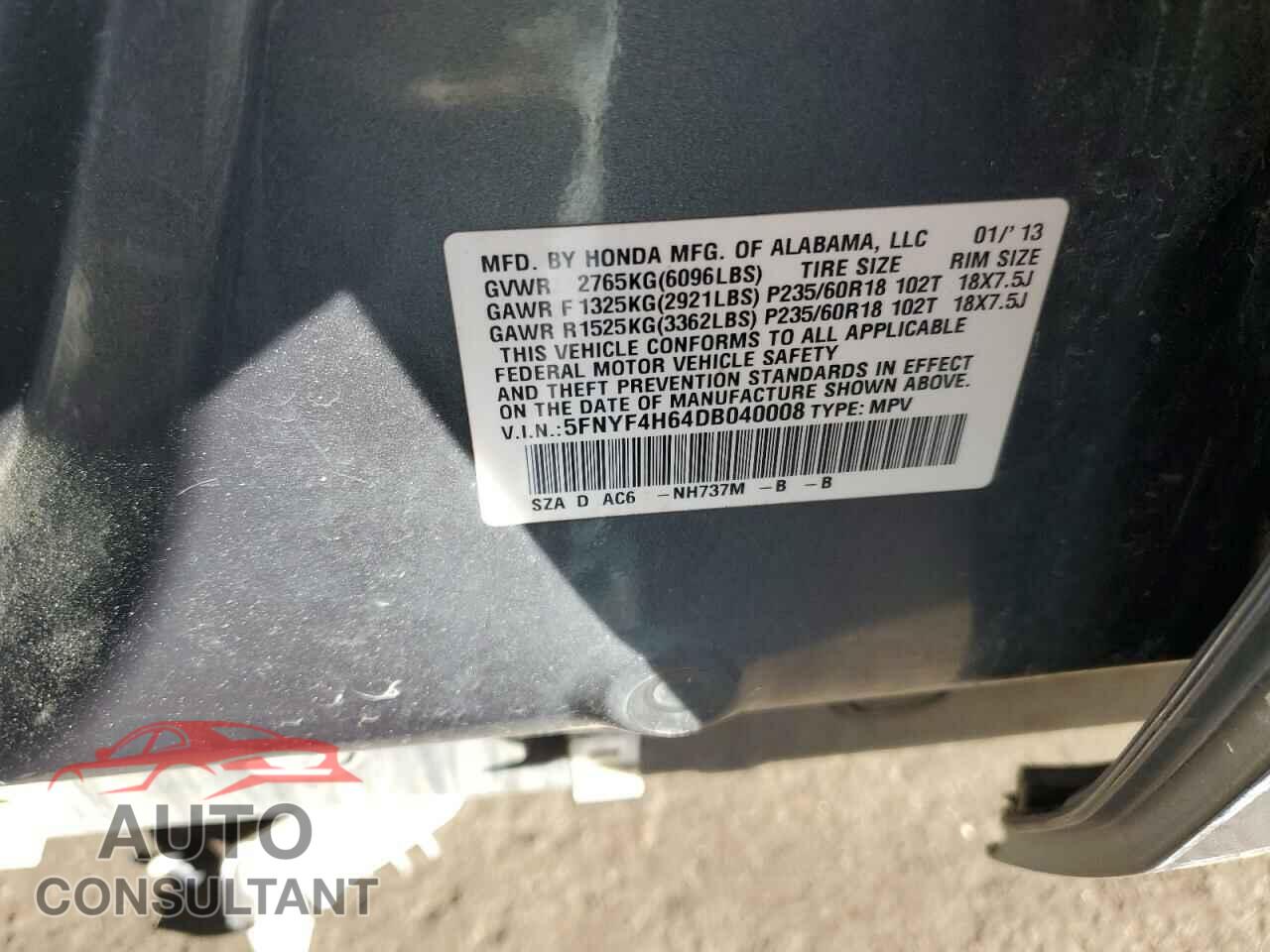 HONDA PILOT 2013 - 5FNYF4H64DB040008