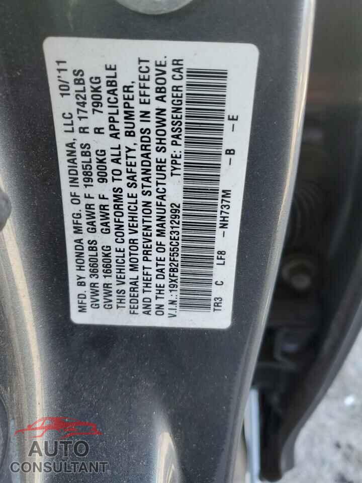 HONDA CIVIC 2012 - 19XFB2F55CE312992