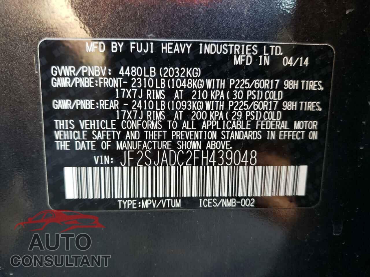 SUBARU FORESTER 2015 - JF2SJADC2FH439048