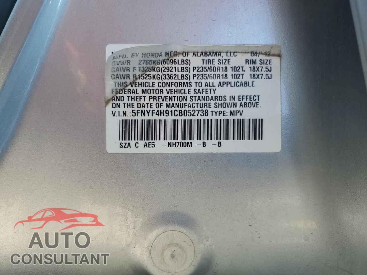 HONDA PILOT 2012 - 5FNYF4H91CB052738