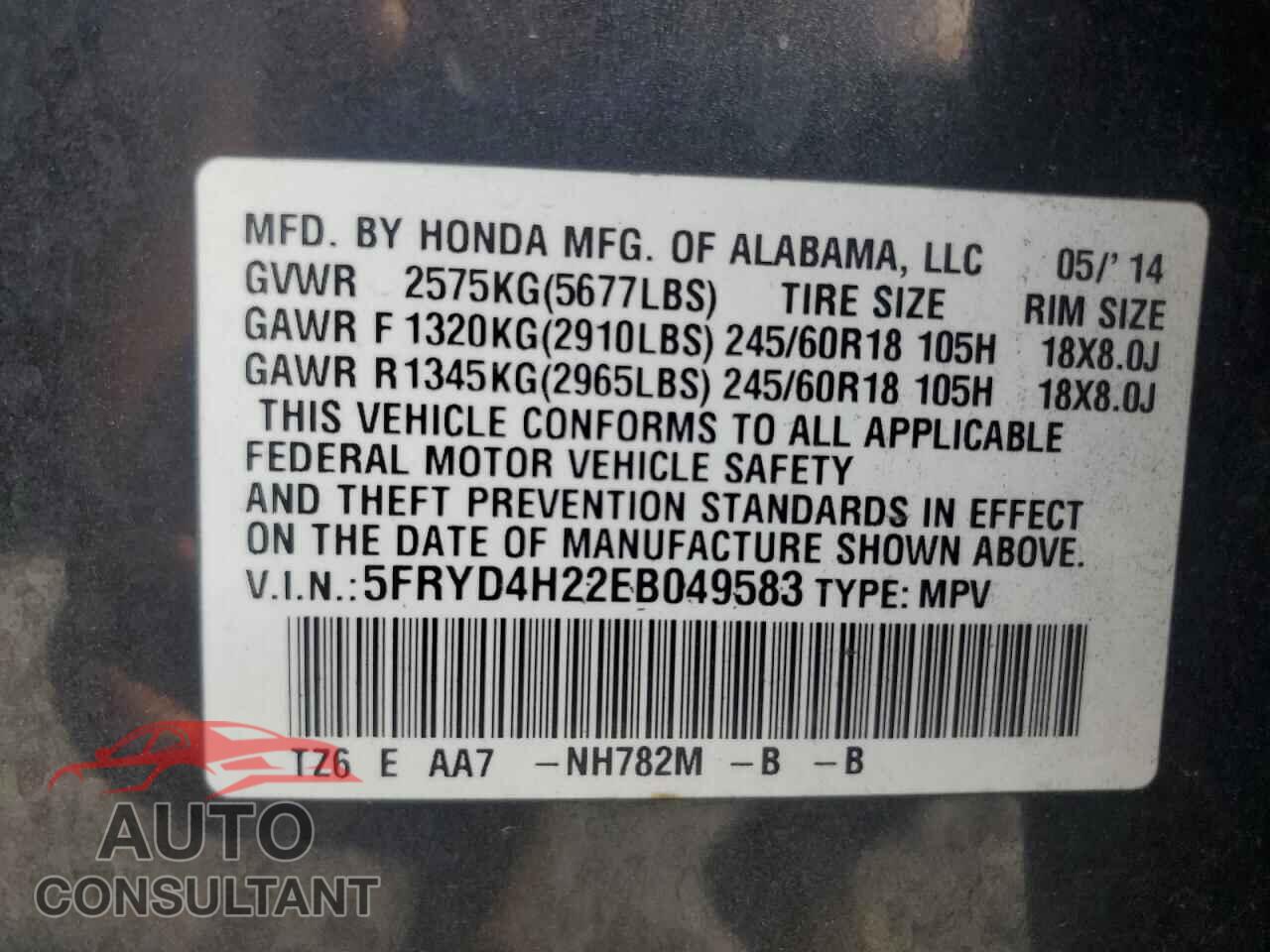 ACURA MDX 2014 - 5FRYD4H22EB049583