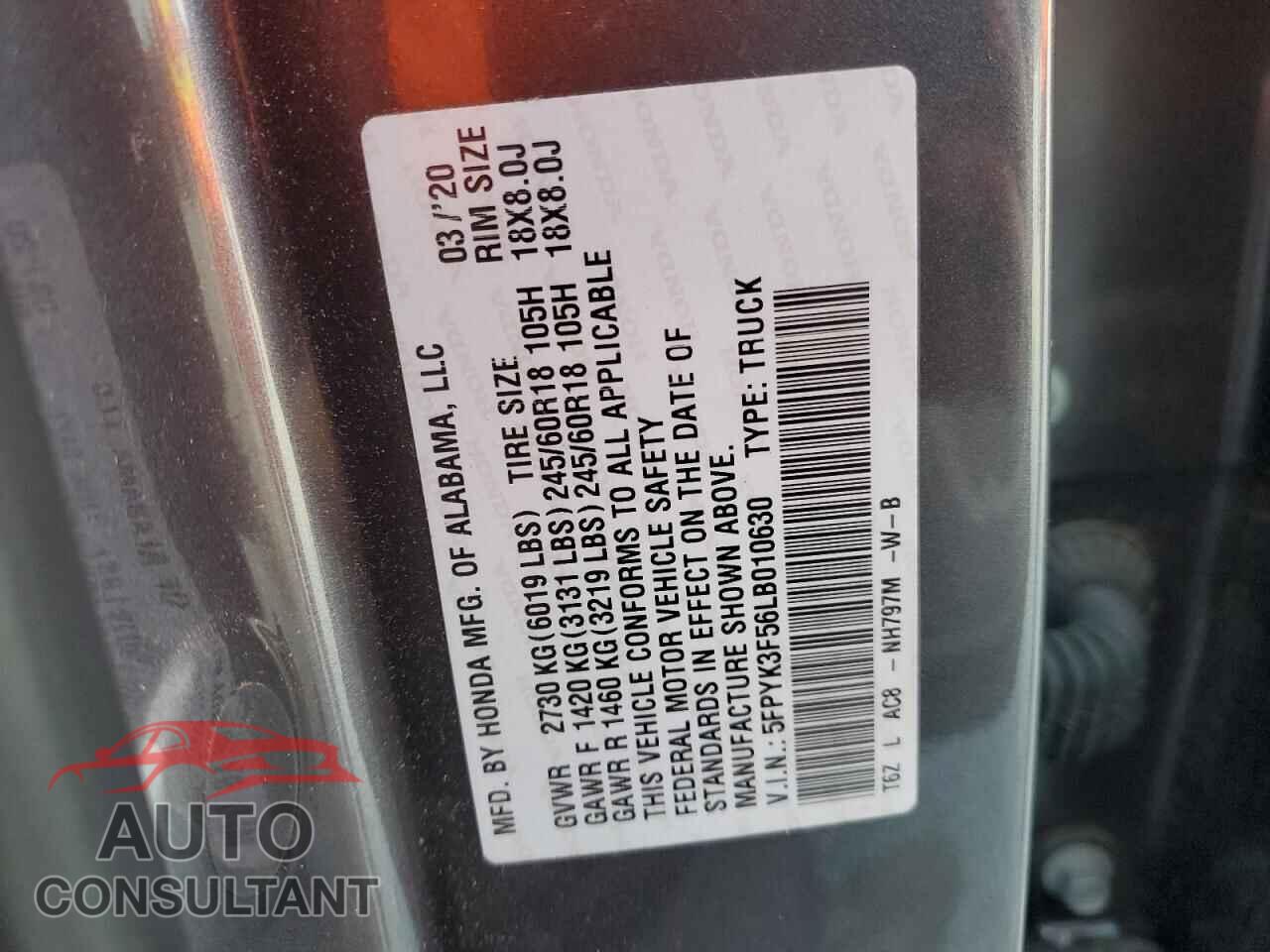 HONDA RIDGELINE 2020 - 5FPYK3F56LB010630