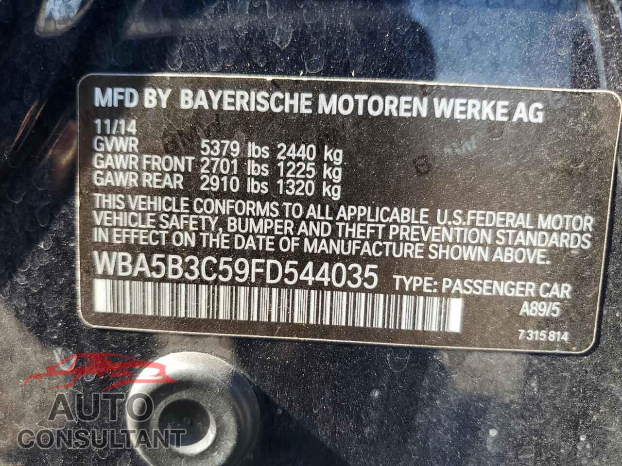 BMW 5 SERIES 2015 - WBA5B3C59FD544035