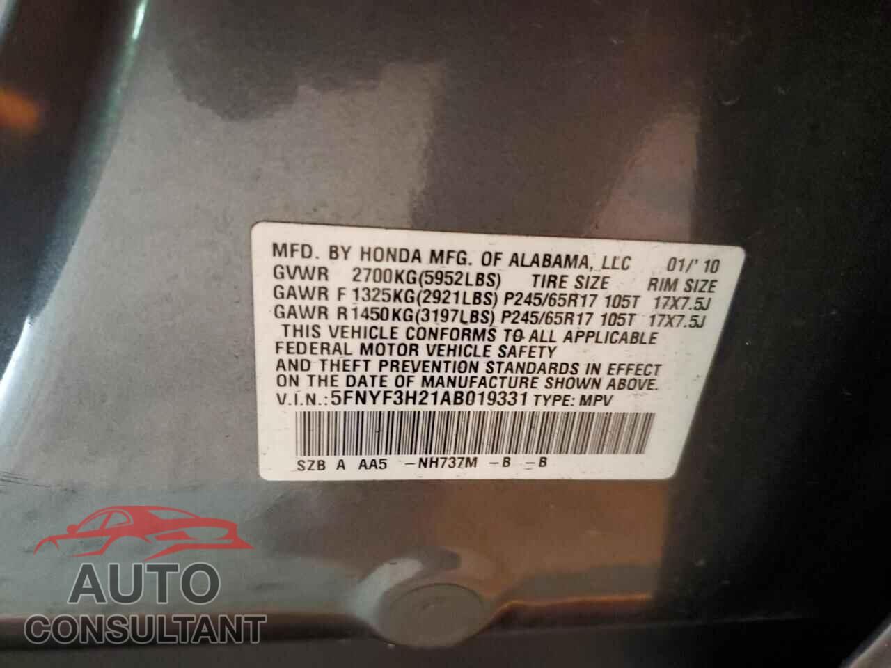 HONDA PILOT 2010 - 5FNYF3H21AB019331