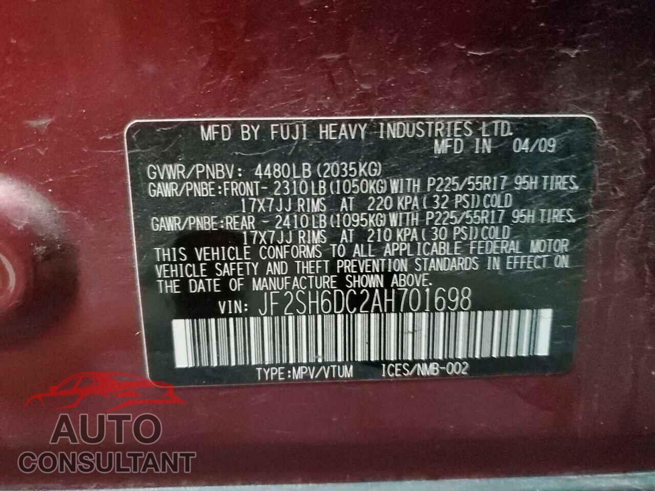 SUBARU FORESTER 2010 - JF2SH6DC2AH701698