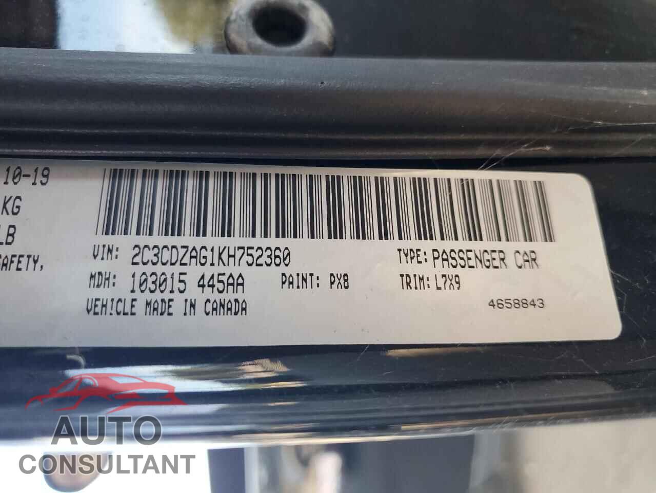 DODGE CHALLENGER 2019 - 2C3CDZAG1KH752360