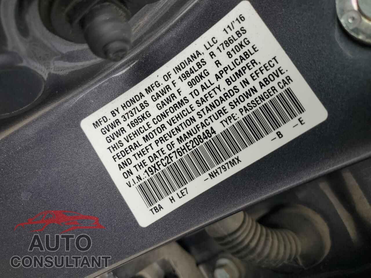 HONDA CIVIC 2017 - 19XFC2F76HE208484