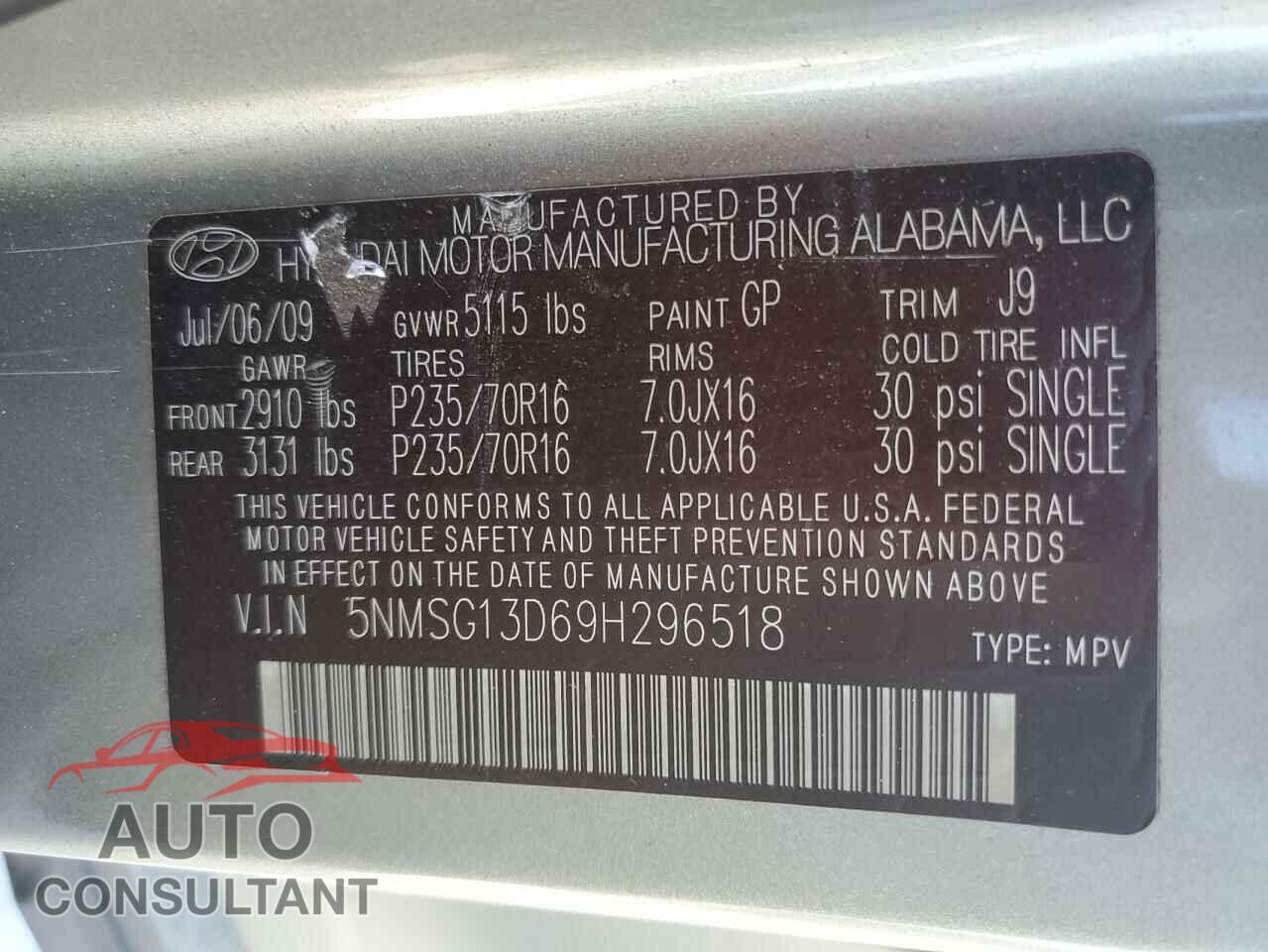 HYUNDAI SANTA FE 2009 - 5NMSG13D69H296518