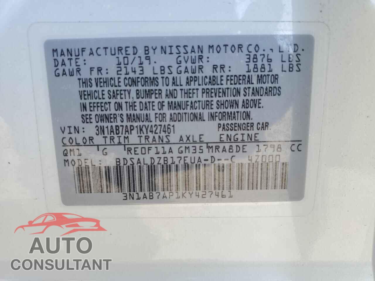 NISSAN SENTRA 2019 - 3N1AB7AP1KY427461