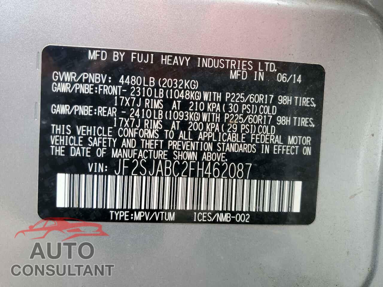 SUBARU FORESTER 2015 - JF2SJABC2FH462087