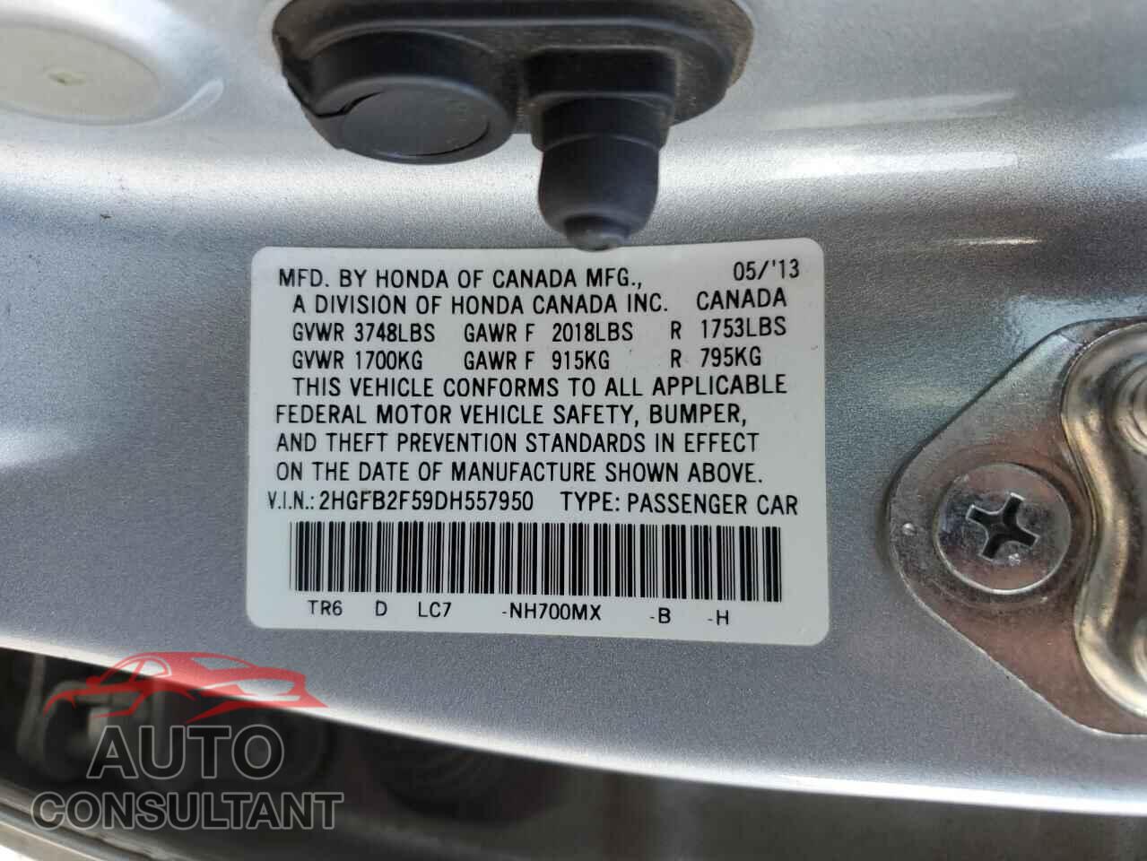 HONDA CIVIC 2013 - 2HGFB2F59DH557950