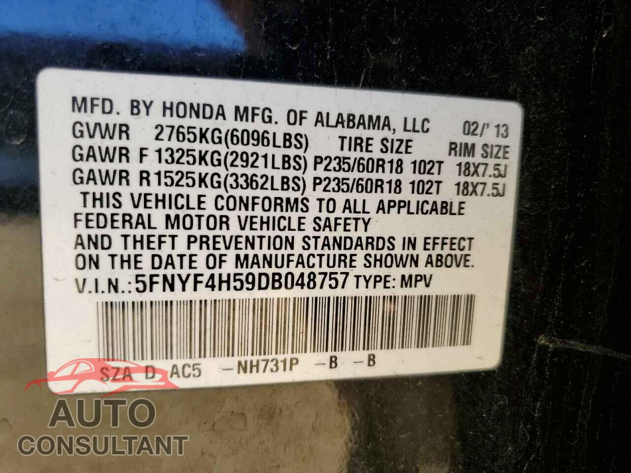 HONDA PILOT 2013 - 5FNYF4H59DB048757
