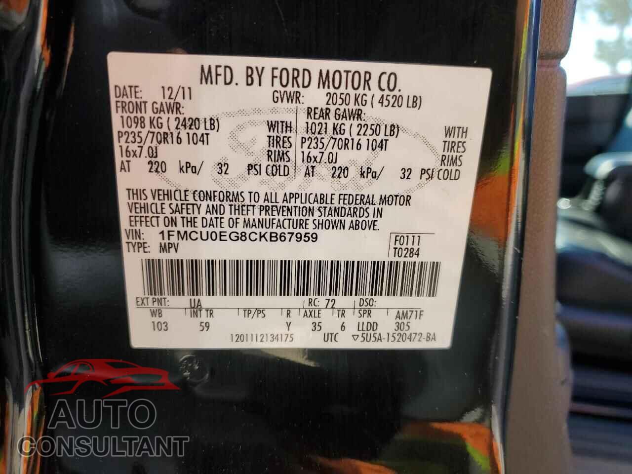 FORD ESCAPE 2012 - 1FMCU0EG8CKB67959